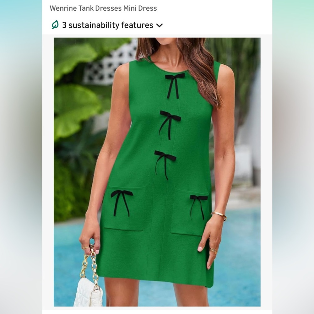 Green Sleeveless l Dress with Black Bow Accents
